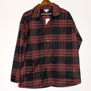 NWT J. Jill Red/Black Plaid Woman's Button Up Shacket Shirt Jacket Size L‎